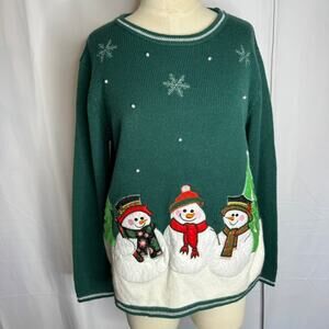 Holiday Time Snowman Sweater Green Acrylic L 12-14 Christmas Embroidered